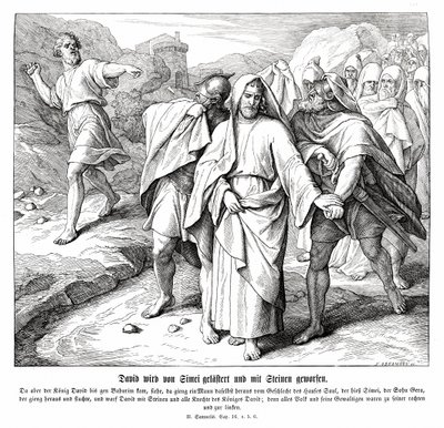 Simei forbanner og kaster stein på David, 2. Samuel av Julius Schnorr von Carolsfeld