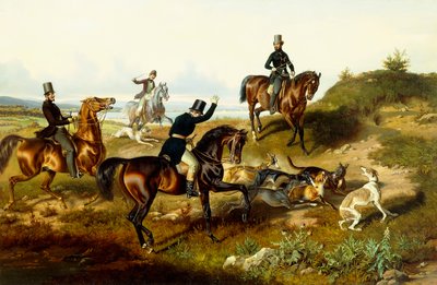 Frederick II with His Hunting Party (olje på lerret) av Julius Zimmerman