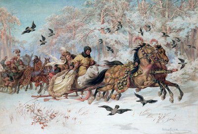 Olenka og Kmicic i en slede, 1885 av Juliusz Fortunat Kossak