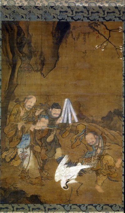 Immortals Dancing with a Crane (blekk og farge på silke) av Jun Liu