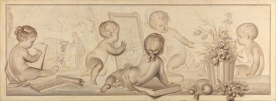 Seks Putti med blomster og frukt og attributter til tegnekunsten av Jurriaan Andriessen (signed by artist)