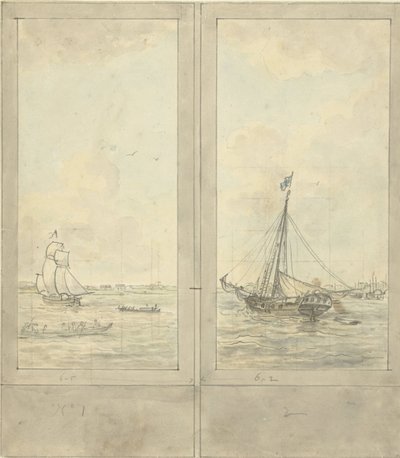 Design for to tapetoverflater: elv med skip i Nederland av Jurriaan Andriessen