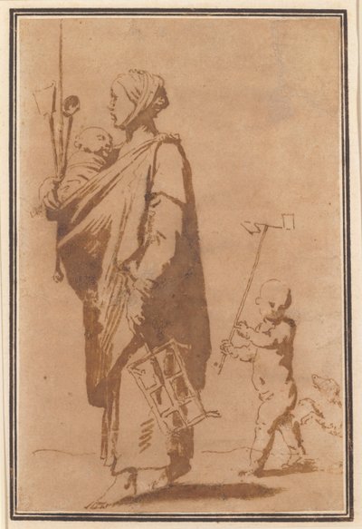 En mor som bærer et barn og kjøkkenutstyr, etterfulgt av en gutt og en hund av Jusepe de Ribera