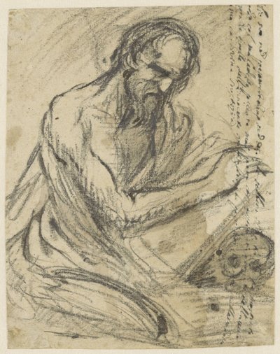 H. Hieronymus, skriver i en bok han holder over en hodeskalle av Jusepe de Ribera