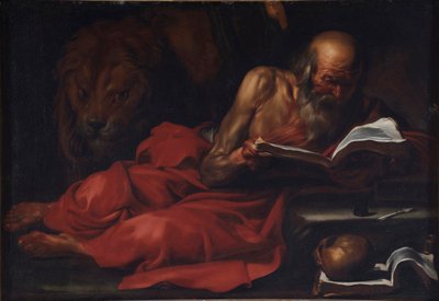 ""Representasjon av Saint Hieronymus"" (Saint Hieronymus av Stridon, 347-420) Maleri av Jose de Ribera (1591-1652) Dim 103,2x149 cm Villa Margherita, Bordighera av Jusepe de Ribera