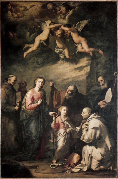 Den hellige familie med den hellige Bruno av Köln og andre helgener - Den hellige familie med den hellige Bruno av Köln og andre helgener. Maleri av Jose (Jusepe) av Ribera, dit lo Spagnoletto (1591-1652) av Jusepe de Ribera
