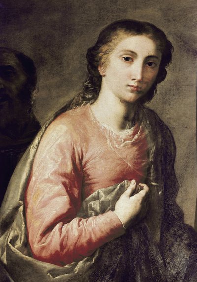 Jomfruen. Detalj av den hellige familie med Saint Bruno av Köln og andre helgener. Maleri av Jose (Jusepe) av Ribera, dit lo Spagnoletto (1591-1652) av Jusepe de Ribera