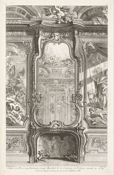 Kabinett for herre grev Bielenski stormarskalk av Polens krone henrettet i 1734; Chiminée med glass, med en del av støttepanel og malerier på hver side, 1. plate av Juste Aurèle Meissonnier