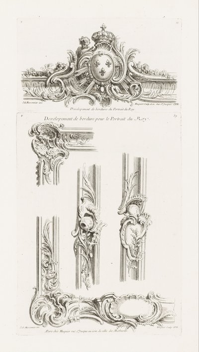 Design av Cartouche med kongens armer sentrert i en grense av Juste Aurèle Meissonnier