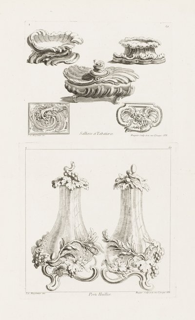 Sallieres et Tabatières (Saltretter og snusbokser), tallerken 69 i Oeuvres av Juste Aurèle Meissonnier