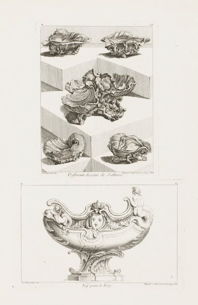 Different Desseins de Sallieres (Ulike design for saltretter), pl. 63 i Work of Juste-Aurele av Juste Aurèle Meissonnier