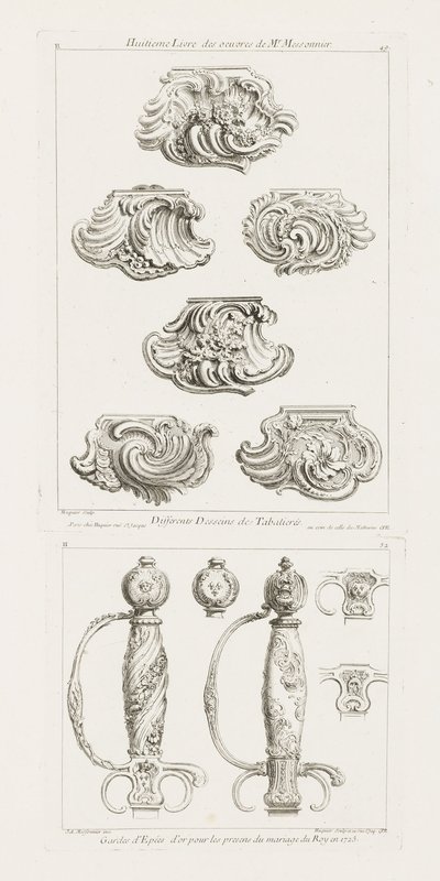 Ulike design for snusbokser, første side [Ulike design for snusbokser], s. 49 i arbeid av Juste Aurèle Meissonnier
