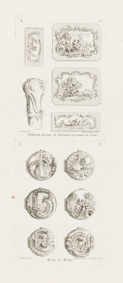 Ulike design for snusbokser og et stokkhåndtak, 5. plate, pl. 53 i Work of Juste-Aurèle Meissonnier av Juste Aurèle Meissonnier