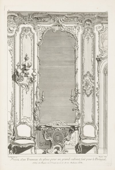 Prosjekt av en Trumeau de glace for et stort skap laget for Portugal; Trumeau-prosjekt med variant for Portugal, 2. Plate av Juste Aurèle Meissonnier