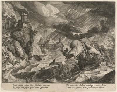 Jonah kastet i det stormfulle havet av Justus Sadeler after Paul Bril