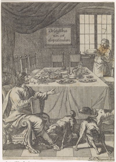 Zoilus sitter ved et dekket bord De Gustibus non est disputandum (tittel på objekt) av Justus van den Nijpoort