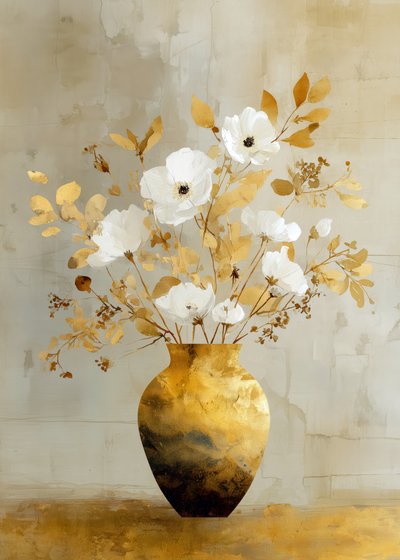 Hvite blomster i gullvase av Justyna Jaszke