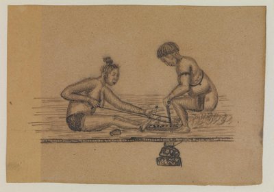 Illustrasjon for en inuitlegende (to nakne personer som lager ild) av Kaarale Andreassen
