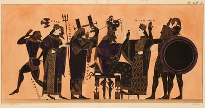 Trykk av dekorasjonen på en gresk amfora, som viser Hefaistos, Hera, Poseidon, Apollo, Zevs, Athena, Eileithyia, Herakles og Ares, ca. 1844 (akvarell og kroppsfarge over litho på vevd papir) av Kaeppelin et Compagnie