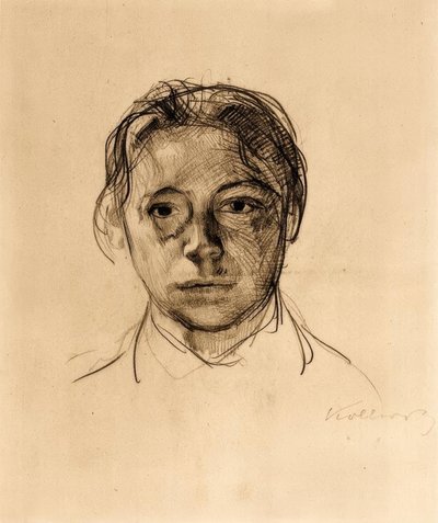 Ungdomsfullt selvportrett med løst hår av Käthe Kollwitz