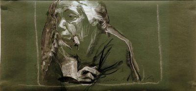 Selvportrett til venstre med hånden på haken av Käthe Kollwitz