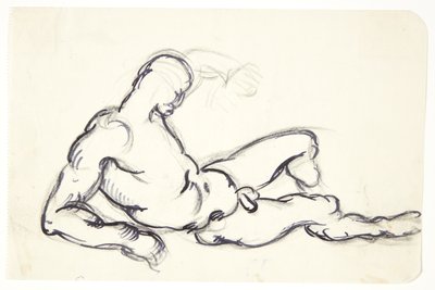 Studie av liggende naken mann. Studer for figuren til Adam i gruppen "The waking Eve" av Kai Nielsen