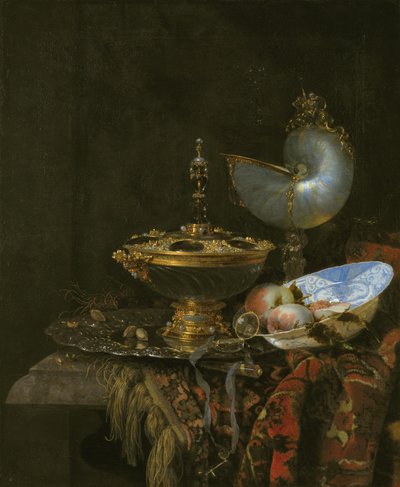 Pronk stilleben med Holbein-skål, Nautilus-kopp, glassbeger og fruktfat av Kalf