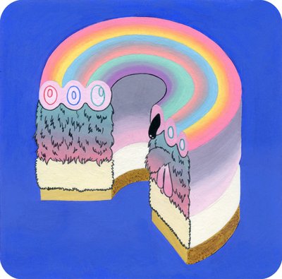 Fuzzcake, 2017 (blandet media på papir) av Kam Tsz