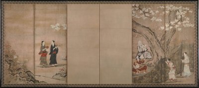 Gledelig under aronia blomstrer. Høyre for et par seksdelte foldeskjermer, 1700-tallet av Kano Isenin Naganobu