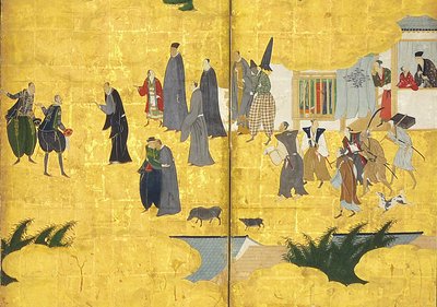 Detalj av Southern Barbarians Come to Trade, et par skjermer med seks paneler, tidlig på 1600-tallet av Kano Naizen