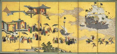 Southern Barbarians Come to Trade, et par skjermer med seks paneler, tidlig på 1600-tallet av Kano Naizen