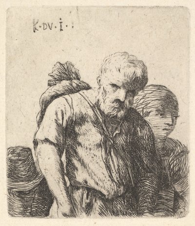 Skjegget mann vist i halv lengde med bunt slengt over høyre skulderblad, flanke..., ca. 1641-78. av Karel Du Jardin