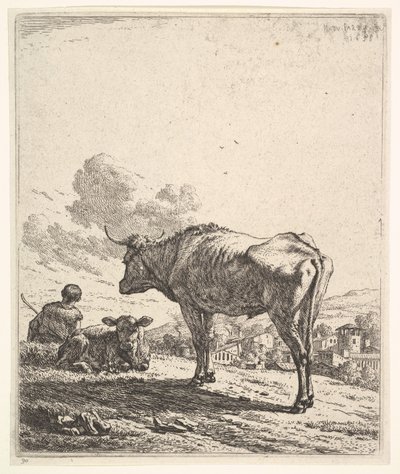 Kohyr med ku og kalv i en åsside, kuhyrden sett bakfra og sittende i ..., 1658. av Karel Du Jardin