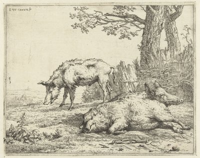 Tre villsvin ved en hekk av Karel Du Jardin
