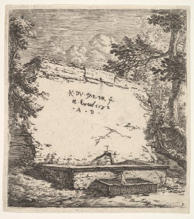 Frontispice med trappefontene, en steinmur med vanntut som tømmer vann i en rek..., 1652. av Karel Du Jardin