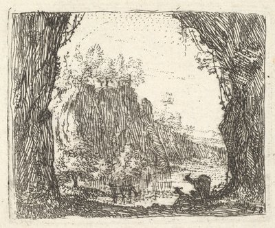 Landskap flankert av trær i venstre og høyre forgrunn, silhuetter av to goa..., ca. 1641-78. av Karel Du Jardin