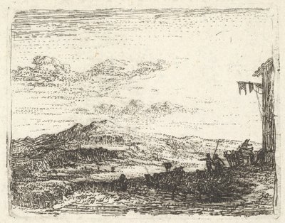 Landskap med hjørne av bygning og markise helt til høyre, to figurer og en hest-..., ca. 1641-78. av Karel Du Jardin