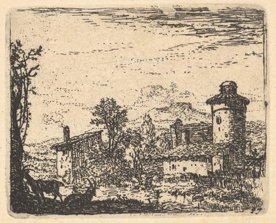 Landskap med to horngeiter i skyggen i venstre forgrunn, landsbybygninger bey..., ca. 1641-78. av Karel Du Jardin