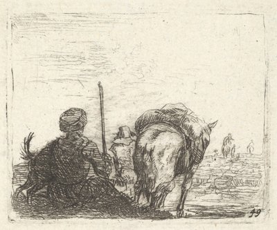 Pakkehest, sittende mann med stav i høyre hånd og hund, alt sett bakfra..., ca. 1641-78. av Karel Du Jardin