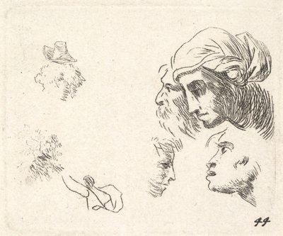 Studie av hoder i profilvisning, en kvinne med hodekledning og skjeggete mann hvis hoder ..., ca. 1641-78. av Karel Du Jardin