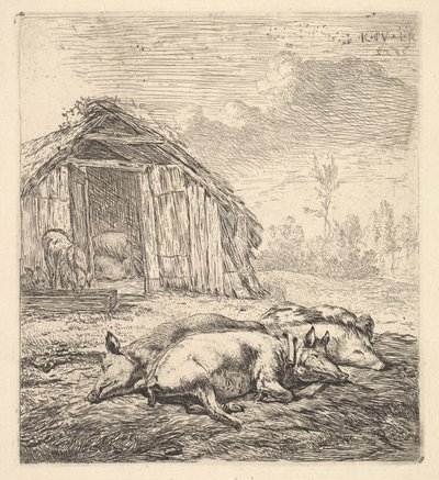 Tre griser som ligger på siden, en grisesti og trau bortenfor, 1652. av Karel Du Jardin
