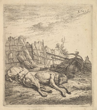 To hunder som sover på bakken, en plog, gårdsutstyr, halmbunter og en ..., ca. 1641-78. av Karel Du Jardin