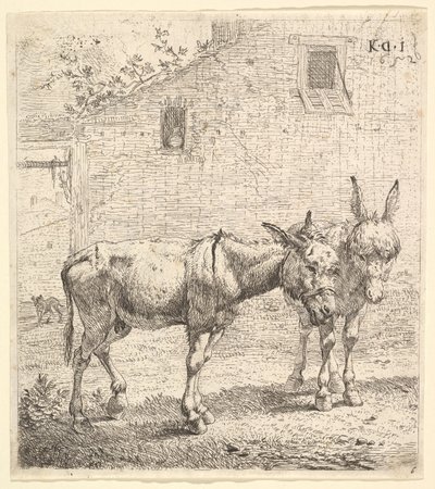 To esler som står i en gresskledd hage, en i profilbildet vendt mot høyre og en annen bak..., 1652. av Karel Du Jardin