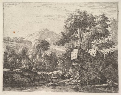 To menn som står ankeldypt i en vannmasse med et steinete utspring bak seg, til le..., 1658. av Karel Du Jardin