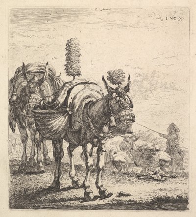 To muldyr med bærevesker og utstyrt med skylapper, skygger og dusker, en mu..., ca. 1641-78. av Karel Du Jardin