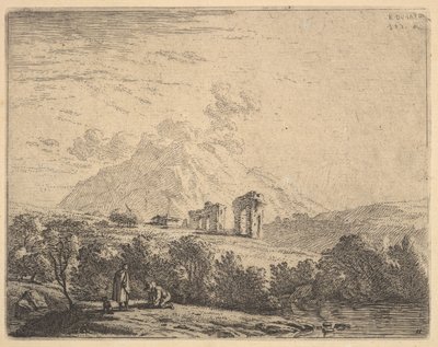 Utsikt over åssiden med ruiner, en akvedukt og en fjellknaus bortenfor, i forgrunnen en m..., 1658. av Karel Du Jardin