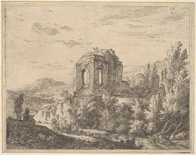 Utsikt over ruiner som viser hjørnet av en bygning med to buede vinduer, i et landskap med..., 1658. av Karel Du Jardin