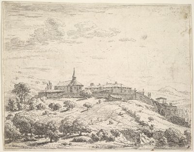 Bymurt landsby på en høyde, med kirke til venstre og bygninger bygget i nedoverbakken a..., 1658. av Karel Du Jardin
