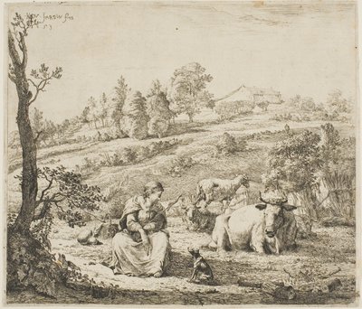 En gjeterinne som snakker med hunden sin av Karel Dujardin