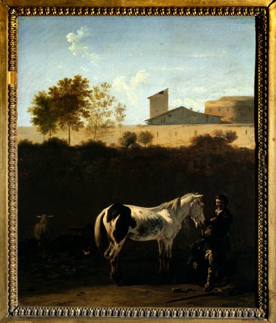 Italias landskap med Patres og Horse Pie-maleri av Karel Dujardin (1621-1678) (ec.holl.) 1675 Søn. 0,32x0,27 m Paris, Musée du Louvre. av Karel Dujardin